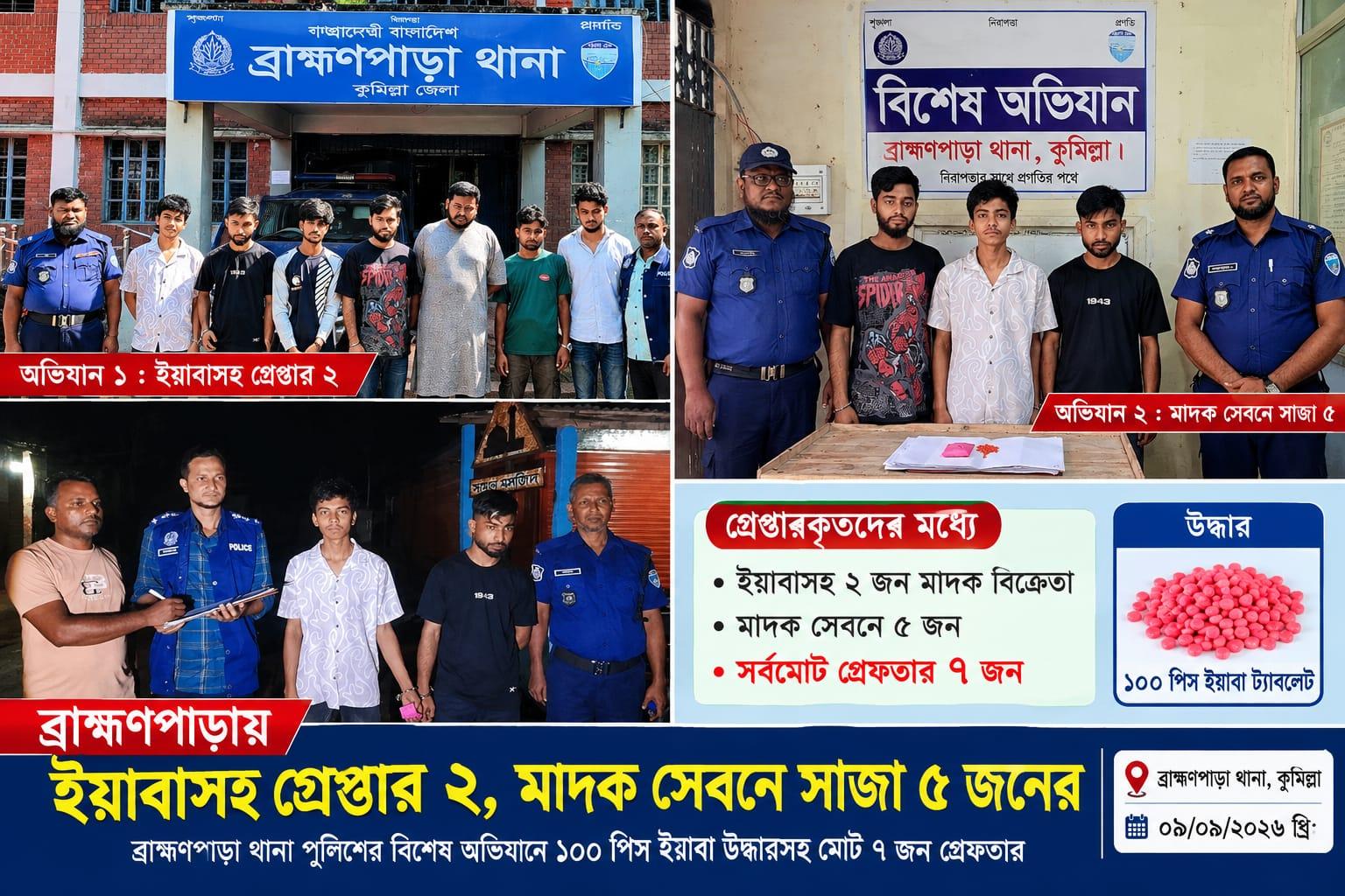 কুমিল্লা ব্রাহ্মণপাড়ায় ইয়াবাসহ গ্রেপ্তার ২, মাদক সেবনে সাজা ৫ জনের
